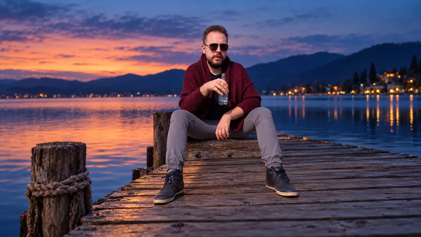 Igor Stellar na molu pored jezera u sumrak